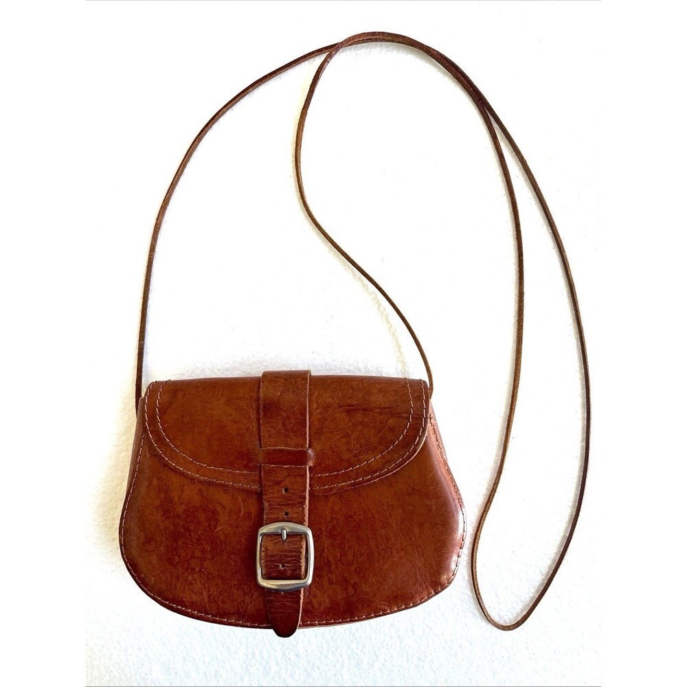 Vintage 70s Handmade Brown Leather Mini Crossbody W/Buckle Closure 6.5”x4.5”